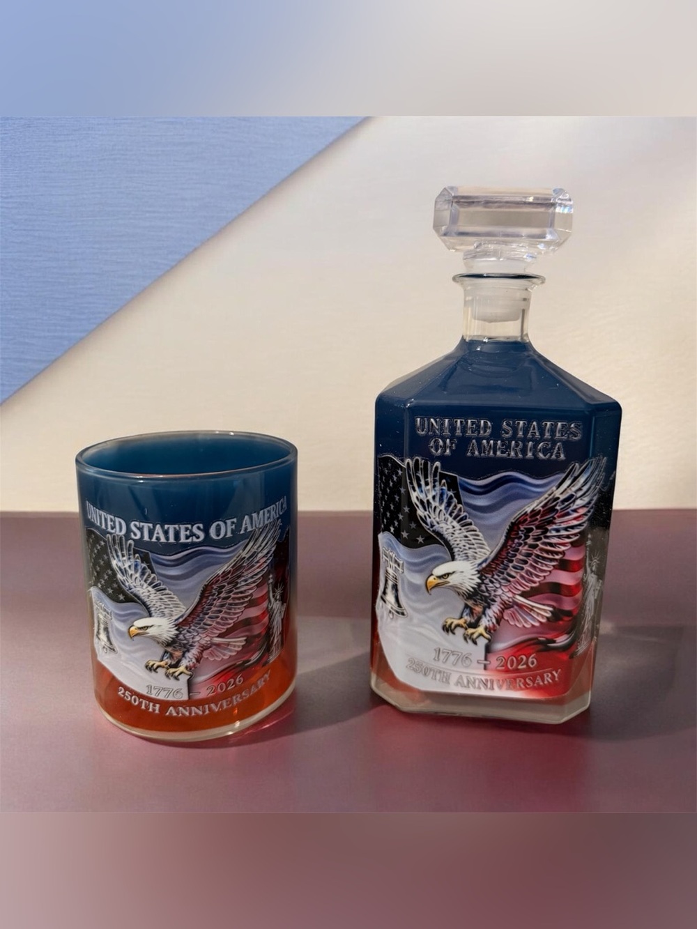 United States of America 250th Anniversary Blue Decanter and Mug Set